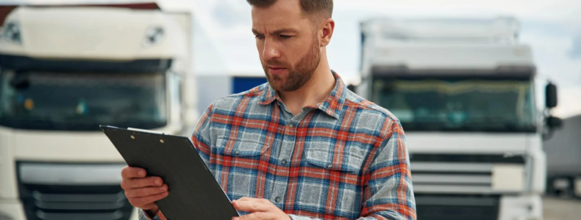 Homem em frente de dois caminhões ao ar livre, enquanto faz auditoria de frete com tablet.